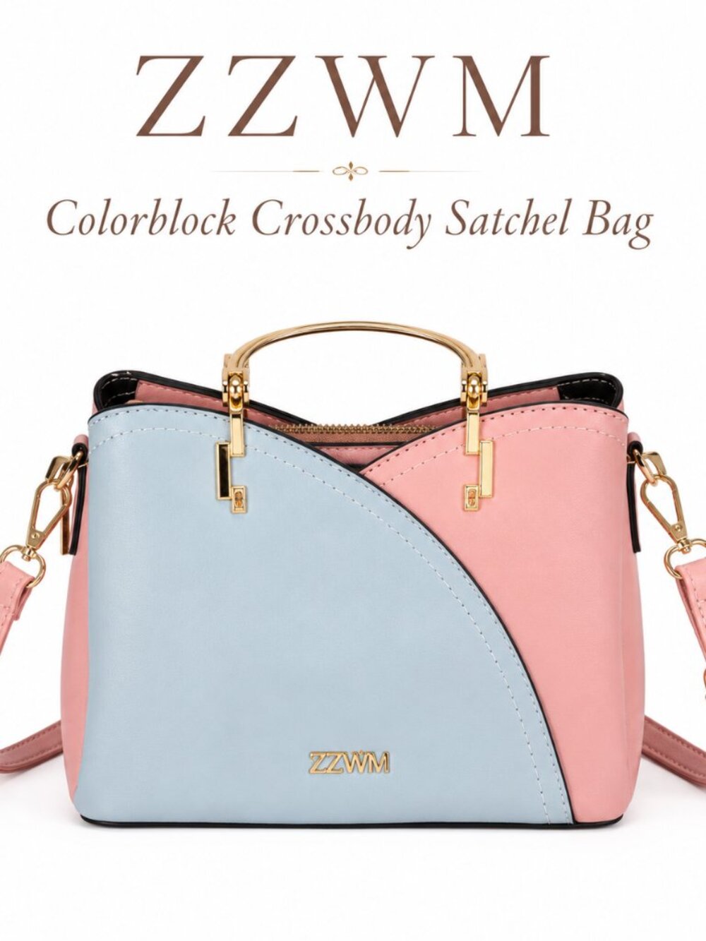 ZZWM Pink Blue Colorblock Crossbody Satchel Bag Gold Handle Purse 9x6x4